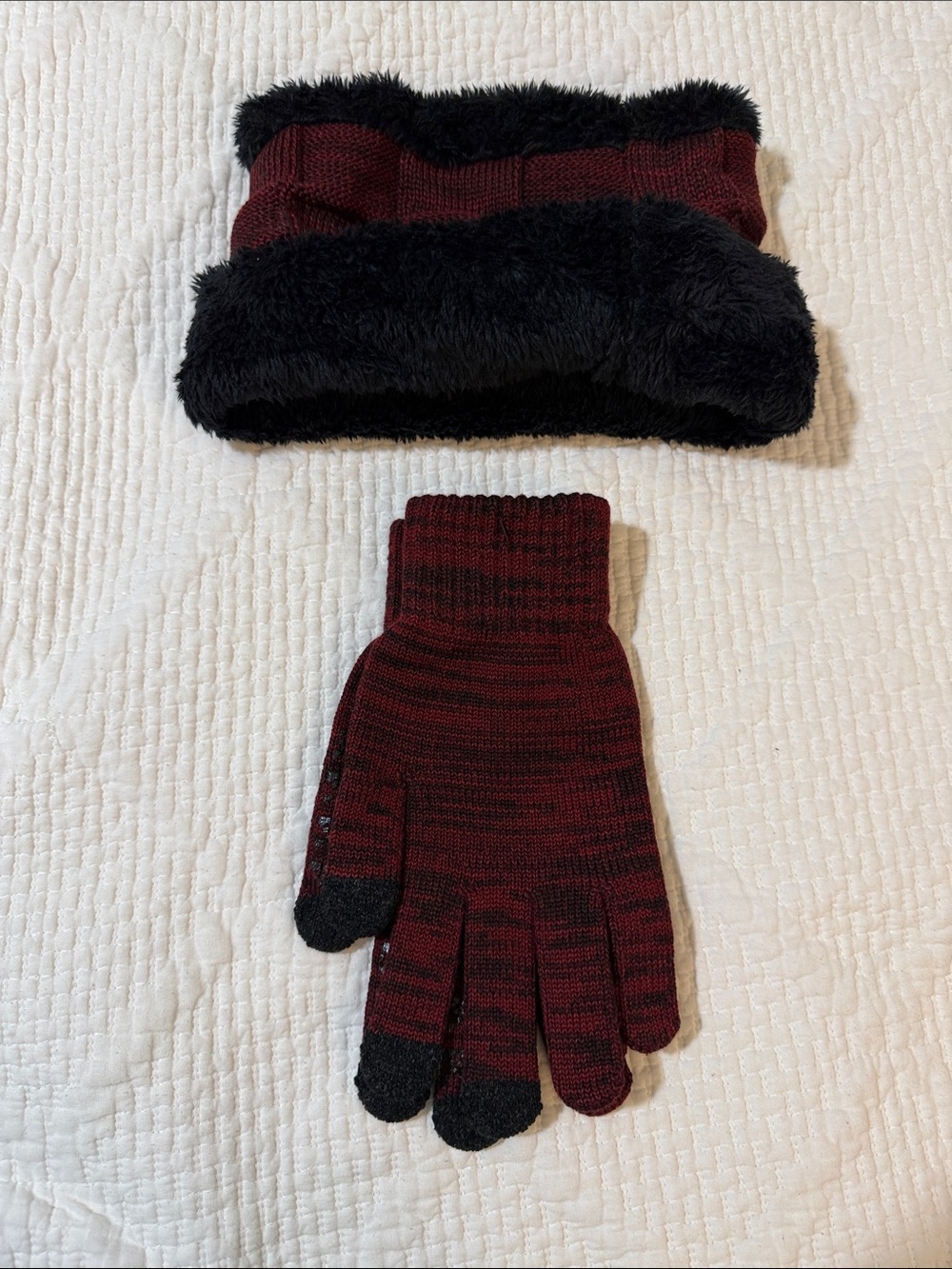 Women’s Maroon and Black Knit Gloves & Faux-Fur Headband Set